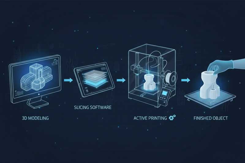 BLB3D custom 3D printing process: from 3D modeling to slicing, active printing, and finished object